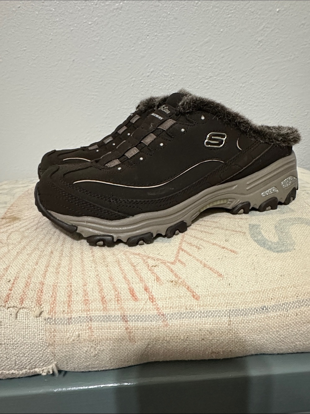 Skechers Brown Slip-On Mule with Gray Sole and Fur Trim